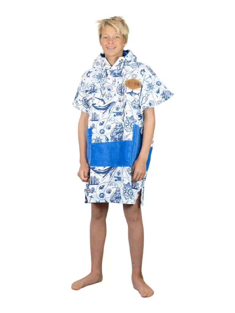 Copil care poarta un poncho plaja copii din bumbac, culoare alb, albastru