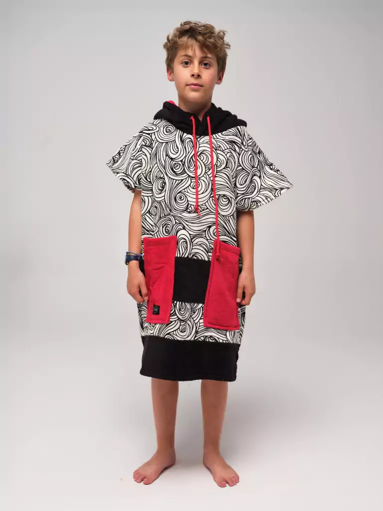 Poncho de plajă copii All-In V Poncho Kid Japanese, 100% Bumbac, S-XL, Negru, Alb, Roșu, 6-9 ani