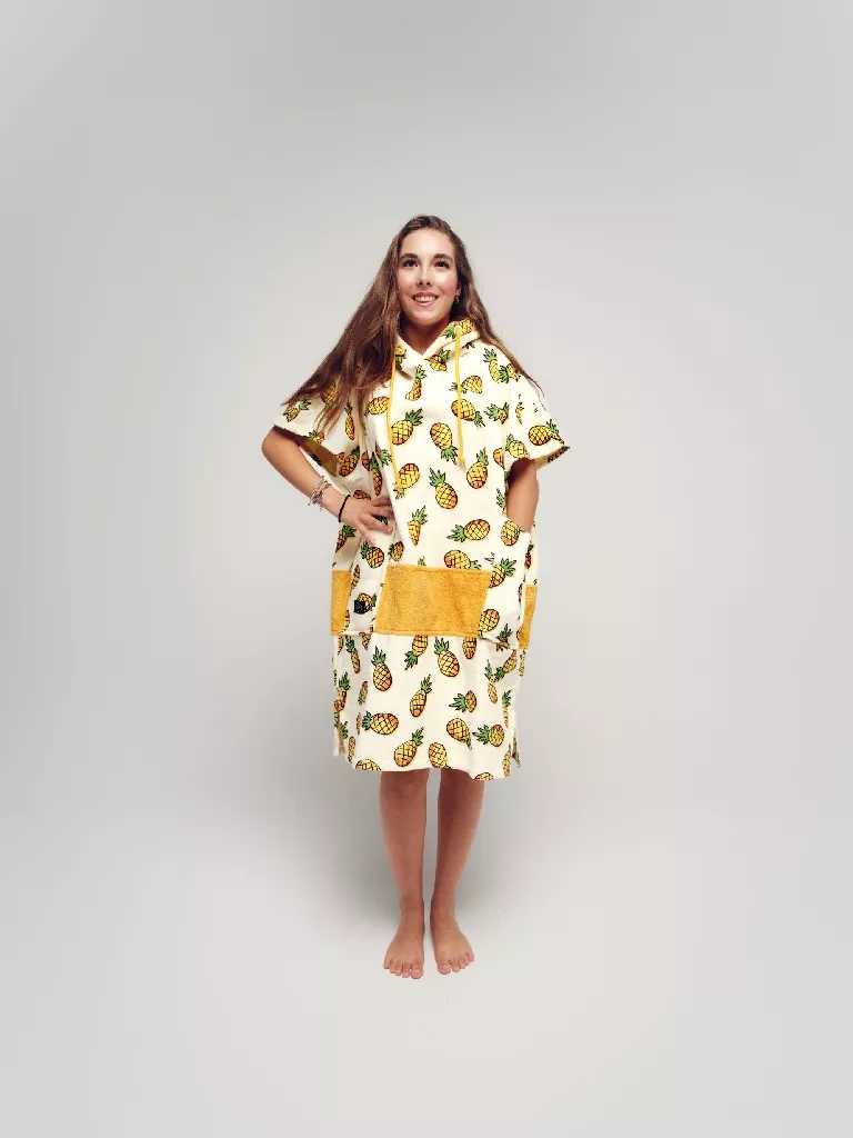 Poncho de plajă copii All-In V Poncho Junior Pineapple, 100% Bumbac, S-XL, Galben, Verde, 9-15 ani