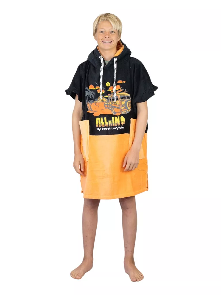 Poncho de plajă copii All-In V Poncho Kid Hoody Car, 100% Bumbac, S-XL, Portocaliu, Negru, 6-9 ani