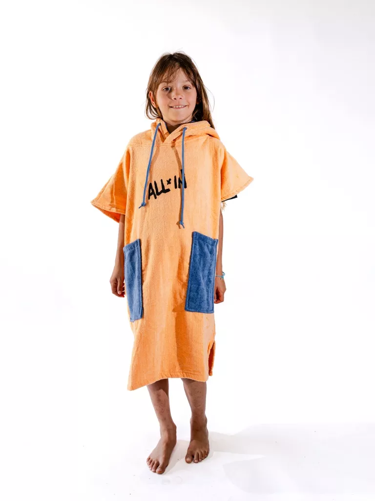 Poncho de plajă copii All-In V Poncho Kid Kai Surf Apricot, 100% Bumbac, S-XL, Portocaliu, Albastru, Negru, Alb, 6-9 ani