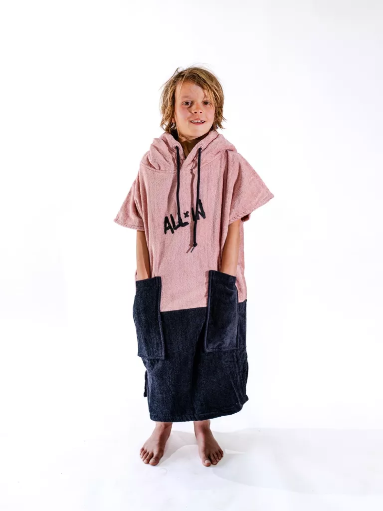 Poncho de plajă copii All-In V Poncho Kid Kai Surf, 100% Bumbac, S-XL, Roz, Negru, 6-9 ani