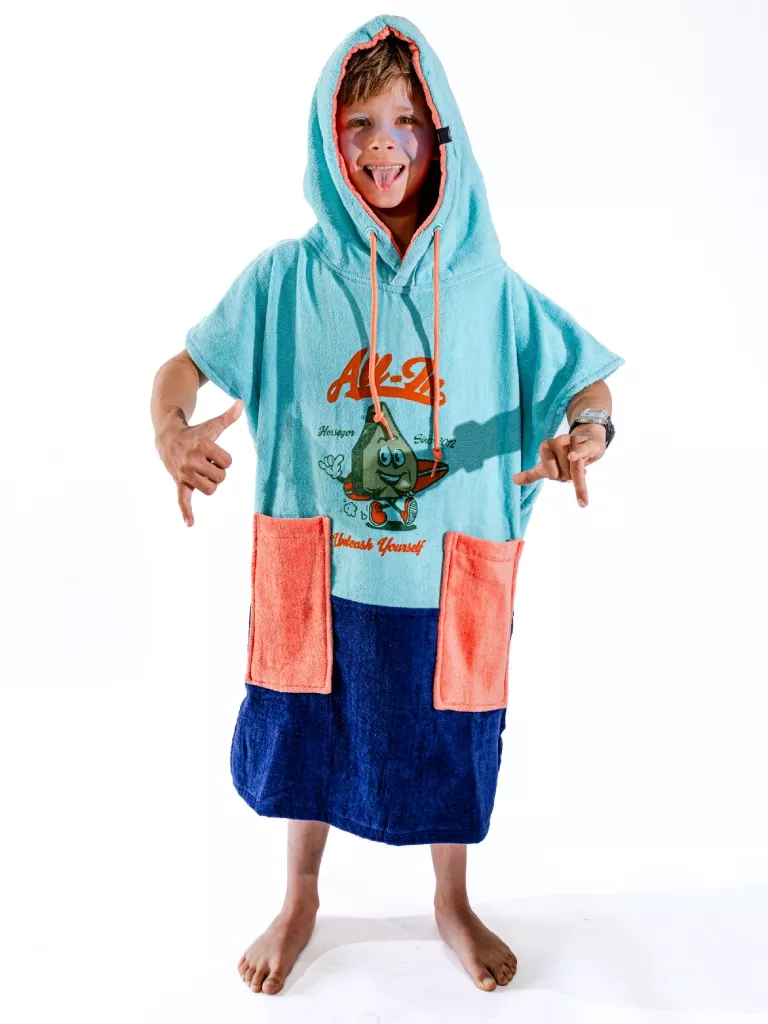 Copil care poarta Poncho plaja copii | All In Kid Maskot | Culori turcoaz, bleumarin, portocaliu