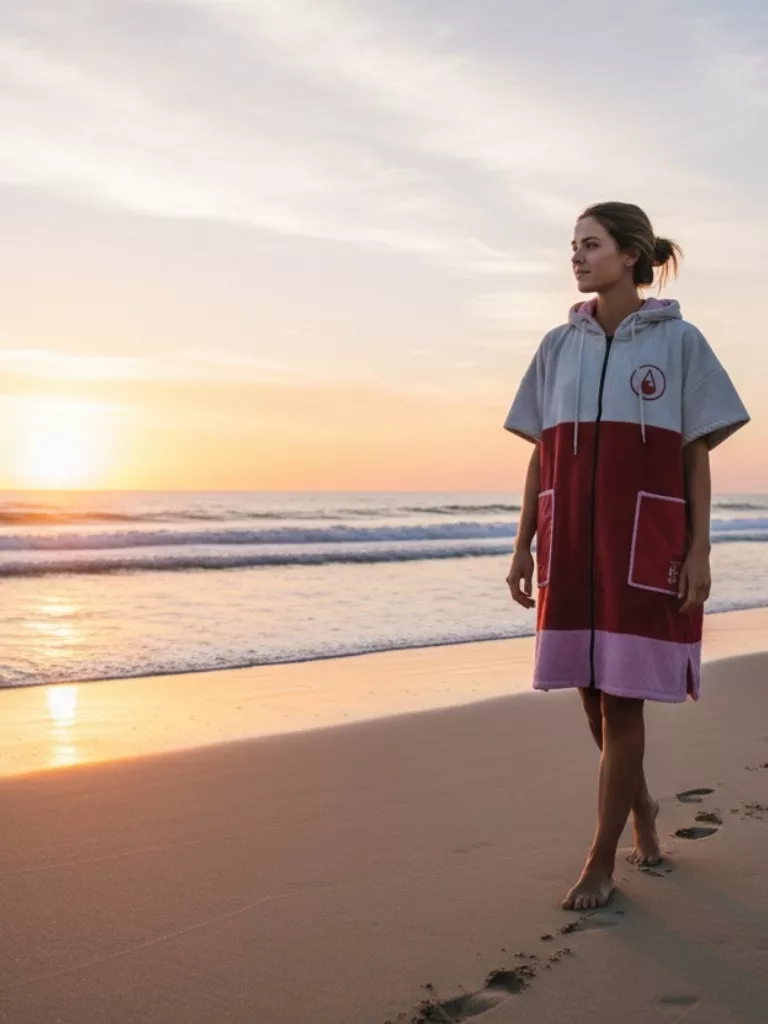 Femeie care poarta Poncho plaja dama | Wave Hawaii Phuket | Culori roz, rosu, bej